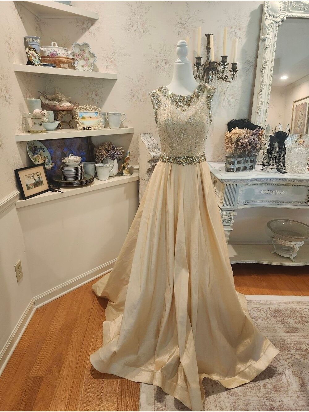 Mac Duggal Couture Beaded Wedding Red Carpet Gown Champagne Crystal Dress Size 8